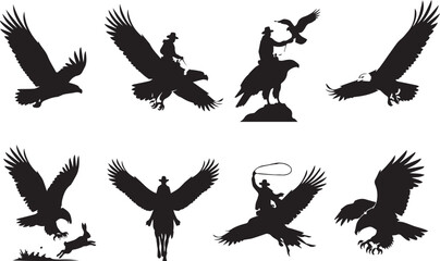 Obraz premium Majestic Eagle Silhouettes and Fantasy Cowboy Eagle Rider Vector Graphics Featuring Predator Birds, Hunting Scenes, and Surreal Western Art for Creative Projects and Designs
