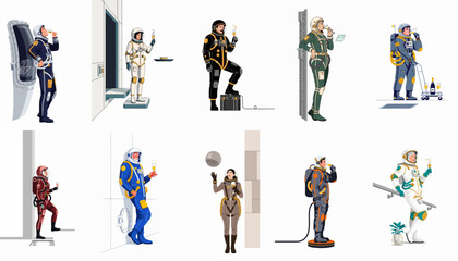 Collection of astronauts in futuristic spacesuits celebrating with champagne in various sci-fi settings, minimalist flat vector illustration style. © Yola