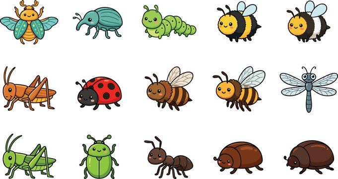 Cartoon insect vector set with bees, ladybugs, grasshoppers, and other cute bug illustrations
