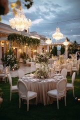 Fototapeta premium Elegant outdoor wedding hall decorated with lush greenery, floral arrangements, chandeliers, and luxurious drapery for a sophisticated celebration