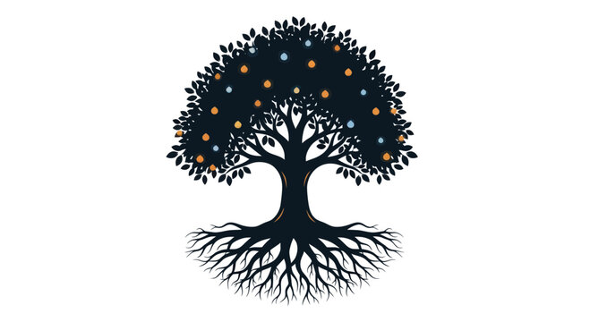 Stylized Tree of Life with Glowing Fruits and Exposed Roots on White Background
