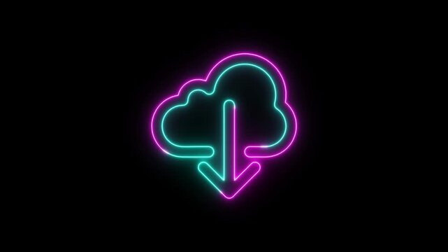 A neon sign of a cloud with an arrow pointing downwards is displayed prominently animation