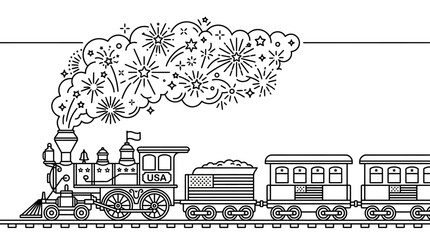 Patriotic steam locomotive train coloring page with fireworks. © takon mboke