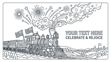 Vintage Steam Locomotive Train Coloring Page with Fireworks Celebration. © takon mboke