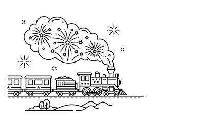 Black and white line art of a steam train with fireworks smoke. © takon mboke
