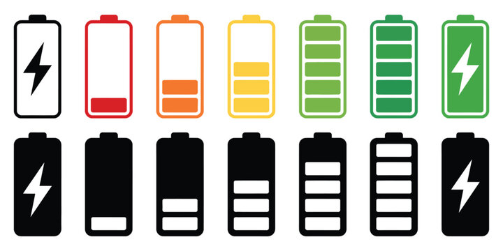 Battery level indicators vector pack showing charging progress from full to low power, modern energy status symbols for mobile apps and interfaces.