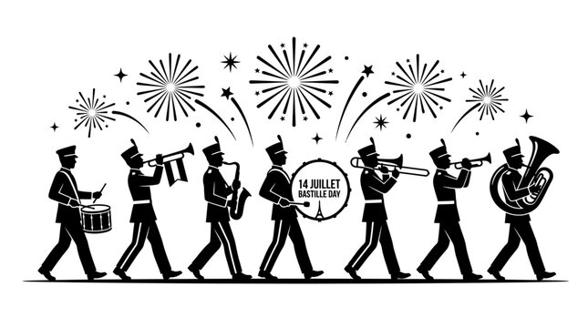 Silhouette illustration of a marching band performing in a parade.