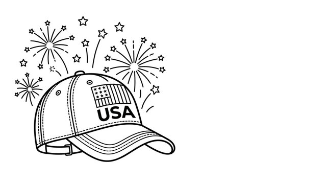 Patriotic USA Baseball Cap with Fireworks Illustration.