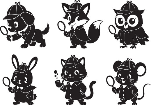 Set of 6 Cute Detective Animal Silhouettes: Vector Collection of Dog, Fox, Owl, Rabbit, Cat, and Mouse Private Eyes with Magnifying Glasses and Sherlock Holmes Hats for Icons and Designs.