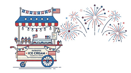 American Independence Day festive ice cream cart with fireworks. © takon mboke