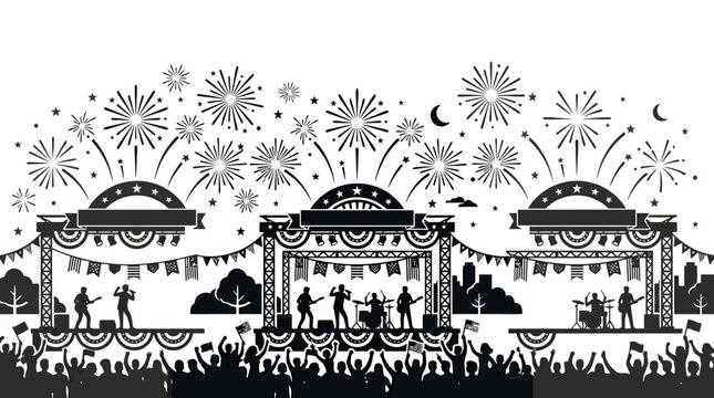 Silhouette of musicians performing on outdoor stages at a festive concert with fireworks.
