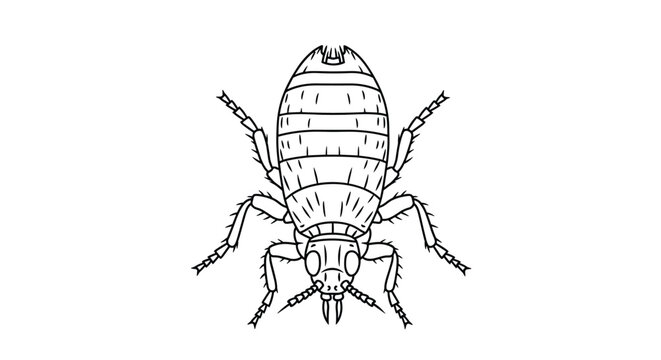 Detailed scientific line art illustration of a bedbug showing its segmented body and legs in a top-down view.