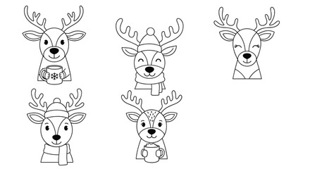 Fototapeta premium Collection of five simple reindeer head illustrations features various poses including wearing a hat, scarf, and holding a mug.