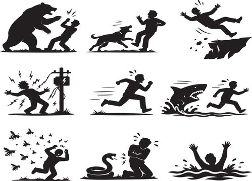 Collection of Danger and Emergency Silhouette Icons Depicting Animal Attacks, Falling, Drowning, Electric Shock, and Life Threatening Situations for Safety Awareness and Risk Assessment.