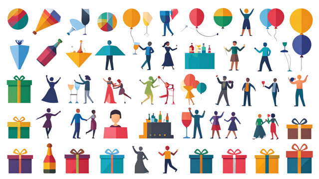 Modern glyph celebration icon set featuring party poppers, dancing, champagne, gifts, and balloons for festive events