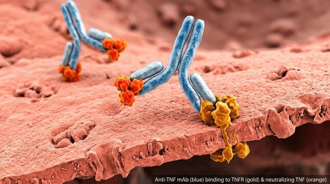 Molecular therapy intervention: antibody bind, receptor block, cytokine inhibit, inflammatory disease, joint arthritis, bone arthrosis, osteodisease treatment, cellular interaction, medical research.
