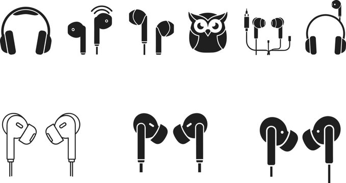 Headphones and earphone icon collection featuring wireless audio music accessories and modern listening technology vector symbols set