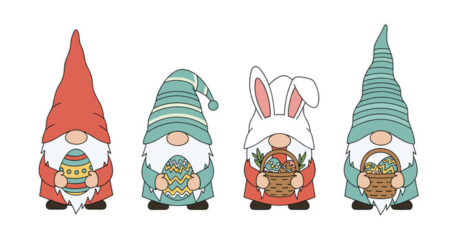 Group of four festive Easter gnomes wearing hats and holding colorful eggs or baskets, ideal for spring holiday decorations and cards.