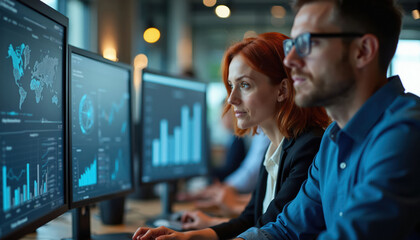 Fototapeta premium Team analyzes global sales data on computer screens. Colleagues collaborate on market strategy at office desks. Business people review charts and graphs for growth.