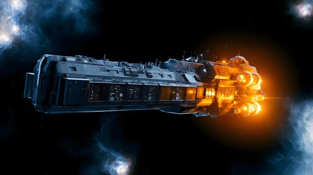 Futuristic freighter idling serenely amid distant nebulae a breathtaking deep space vista