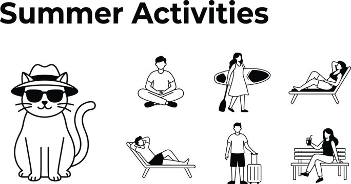 Summer activities icon set featuring a cool cat in sunglasses people relaxing on beach chairs paddleboarding and traveling