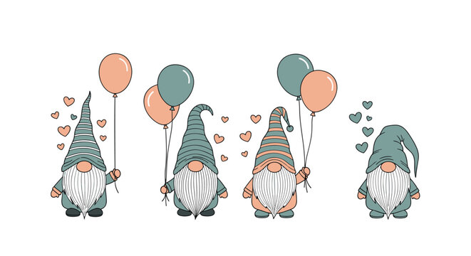 Group of four adorable garden gnomes hold colorful balloons and are surrounded by cute hearts in this fun art.