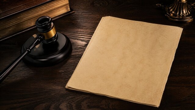 A Gavel And Blank Paper Sit On A Wooden Table Next To An Old Law Book, Symbolizing Justice And Legal Proceedings.