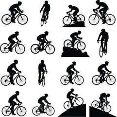 Naklejka premium Cycling silhouettes collection mountain bike riders and road cyclists on white background