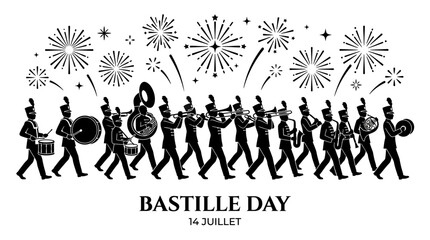 Silhouette illustration of a military marching band celebrating Bastille Day. © Bayu prakoso