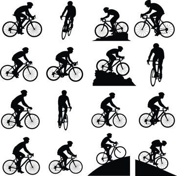 Cycling silhouettes collection mountain bike riders and road cyclists on white background