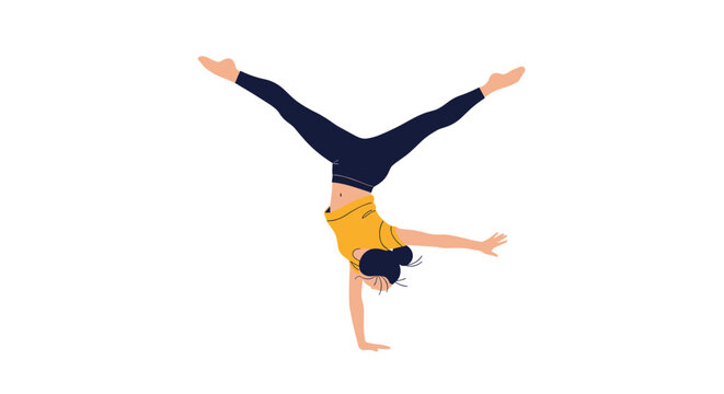 Female gymnast performing a graceful handstand with legs wide apart in a straddle position is shown in a flat vector character style.