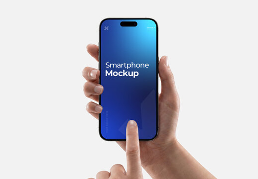 Person Holding Smartphone Mockup with Finger Touching Screen