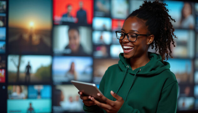 Young Black woman with glasses smiles holding tablet. She browses video content on device. Wall of screens shows diverse media. Digital entertainment choice.