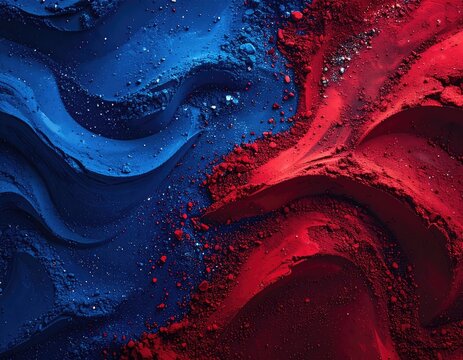 A vibrant abstract composition featuring swirling textures of rich blue and deep red powders separated by a dynamic line.