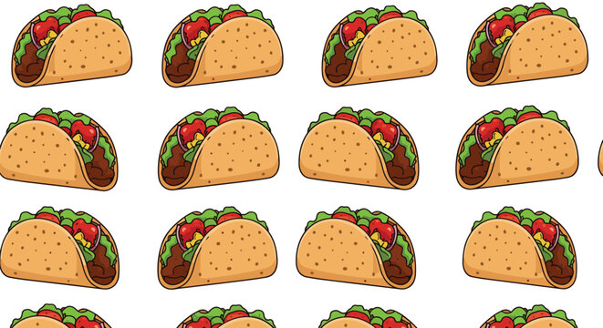 Seamless pattern of tasty mexican tacos with meat and vegetables is shown in a colorful and appetizing food background design.