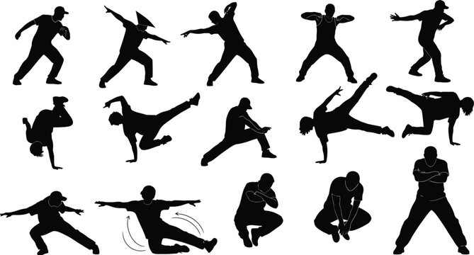 Diverse dancer silhouettes collection hip hop breakdance and modern dance poses