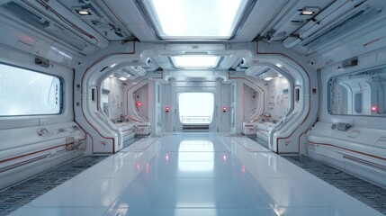 Obraz premium Futuristic space station interior with bright lighting, smooth white and blue metallic surfaces, and advanced technological features