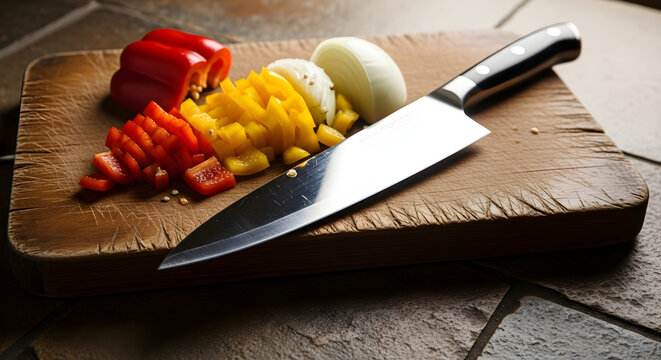 Freshly chopped colorful bell peppers and onion on a wooden cutting board with a kitchen knife, ready for cooking