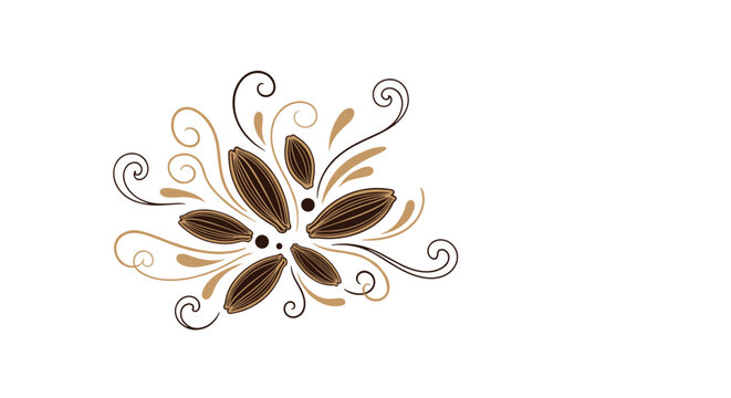 Hand drawn illustration of green cardamom pods with brown outlines and decorative artistic swirls and dots on white background.