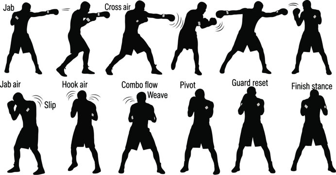 Boxing techniques silhouette various stances and moves