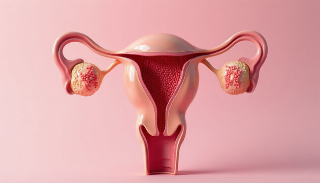 Uterus and ovaries illustration shows endometriosis symptoms like red dots on pink background. Represents reproductive health issues. Visualizes female body internal organs condition.