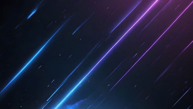Diagonal neon light streaks with bokeh and dust motes in a dark cosmic background for abstract design