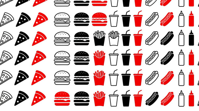 Bold repeating fast‑food pattern featuring pizza, burgers, fries, hot dogs, drinks, and condiments in modern black‑white‑red style.