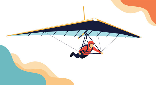 Person enjoys the thrill of hang gliding high in the sky over an abstract landscape with soft clouds and flowing shapes.