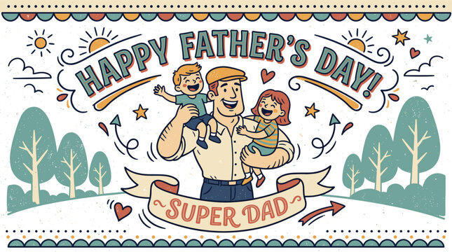 Retro Super Dad Family Vector Illustration Banner