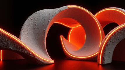 Fototapeta premium Abstract sculpture features curved forms, illuminated orange light within rough texture. Minimalist design, dark background creates dramatic effect.