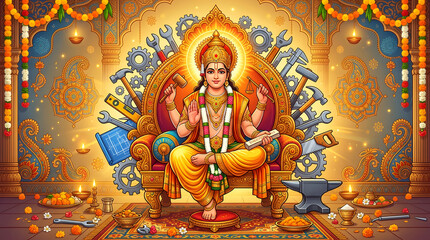 Obraz premium Lord Vishwakarma seated on throne surrounded by tools and divine aura.