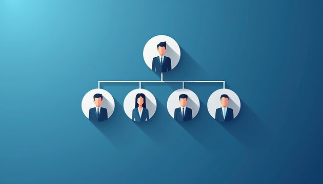 Business organizational structure chart with icons representing people in hierarchy levels. Top manager leads team of employees below. Corporate structure visual.