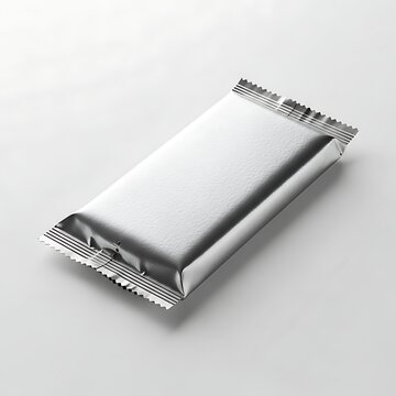 Shiny aluminum foil wrapped rectangular package on a plain background