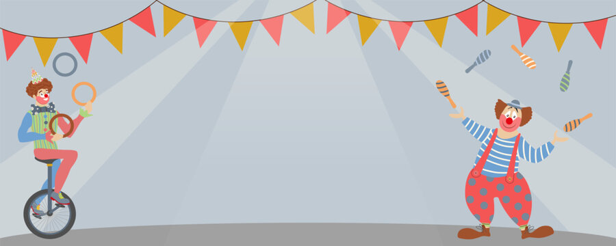 Horizontal banner. Two clowns entertain the audience by juggling and riding a unicycle in this flat vector illustration.